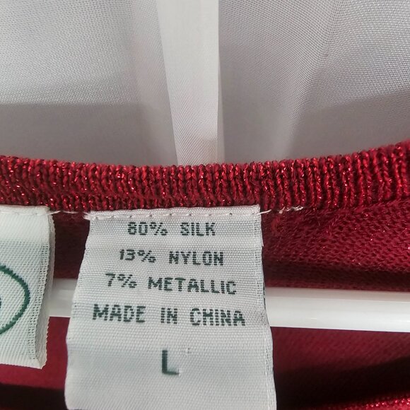 Patchington Tee Blouse Knit Red Metallic Silk Blend Glam Bling Layering L - Picture 8 of 10